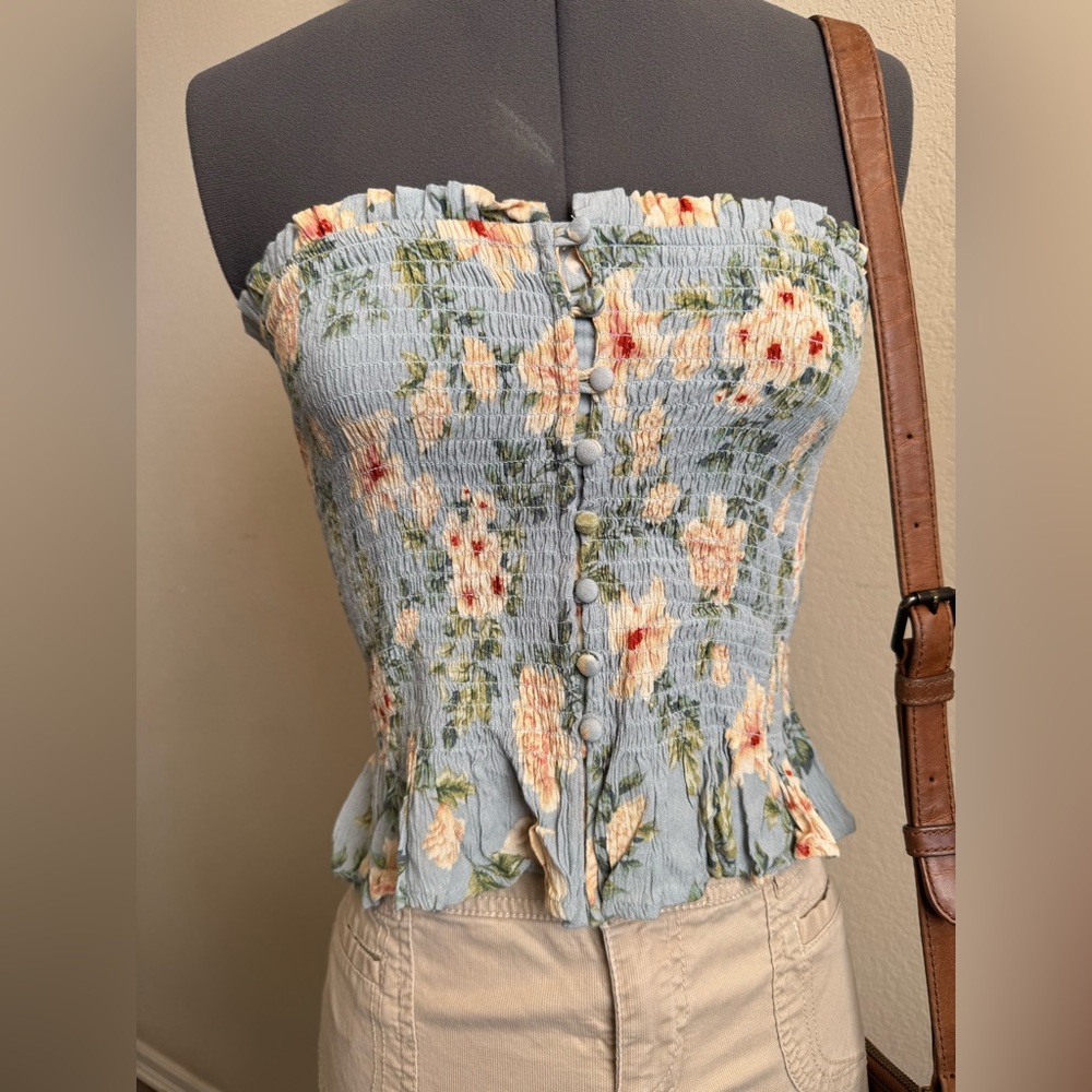 ARO Blue Grey Floral Smocked Button Tube Top Tank M - Picture 2 of 11